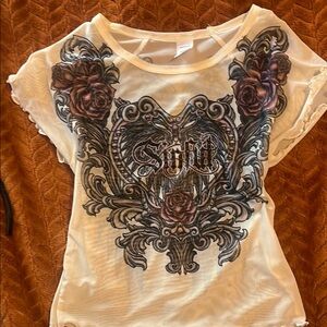 Affliction White Graphic Blouse with Rose Design